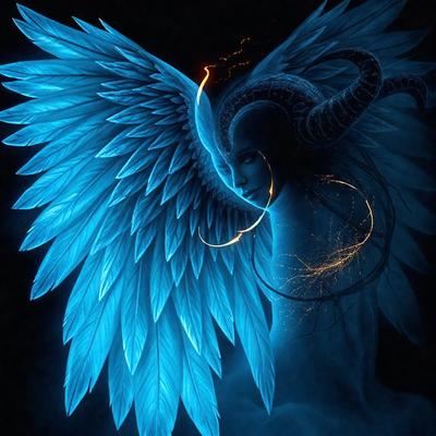 The primary subject of the image is a woman with blue wings, possibly an angel or a demon. She is wearing a dress and has a horn on her head. The setting is a dark, blue-toned environment, which adds to the overall mood of the image. The visual style is a combination of digital art and illustration, creating a surreal and fantastical atmosphere.